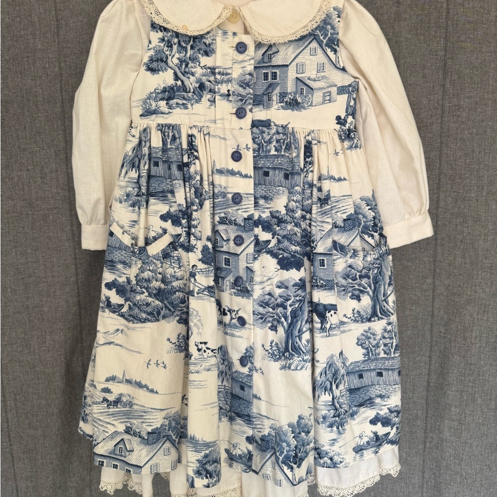 Vintage Girls Cotton 2 Piece Dress Pinafore Toile Spring Exceptional Quality - Picture 12 of 13